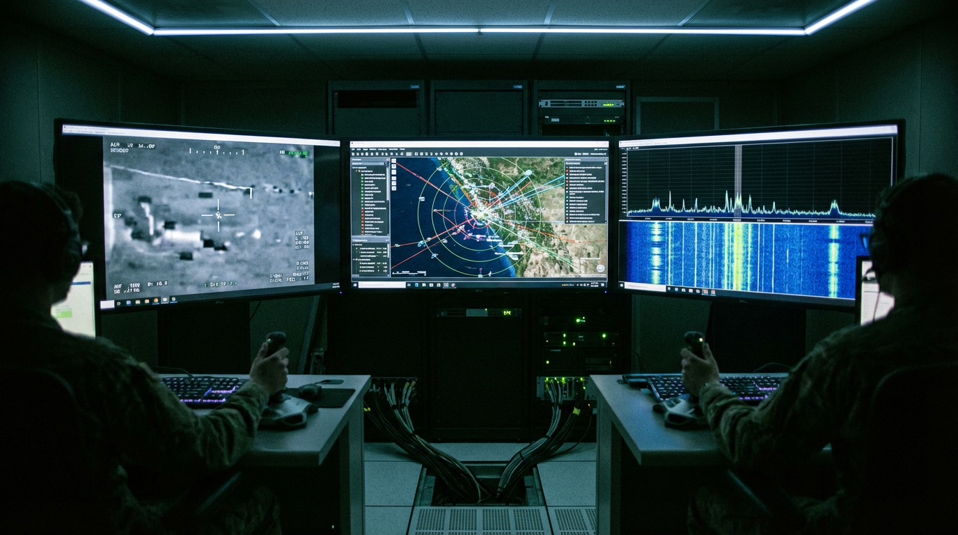 Secure operations center — unified displays, calm professionalism